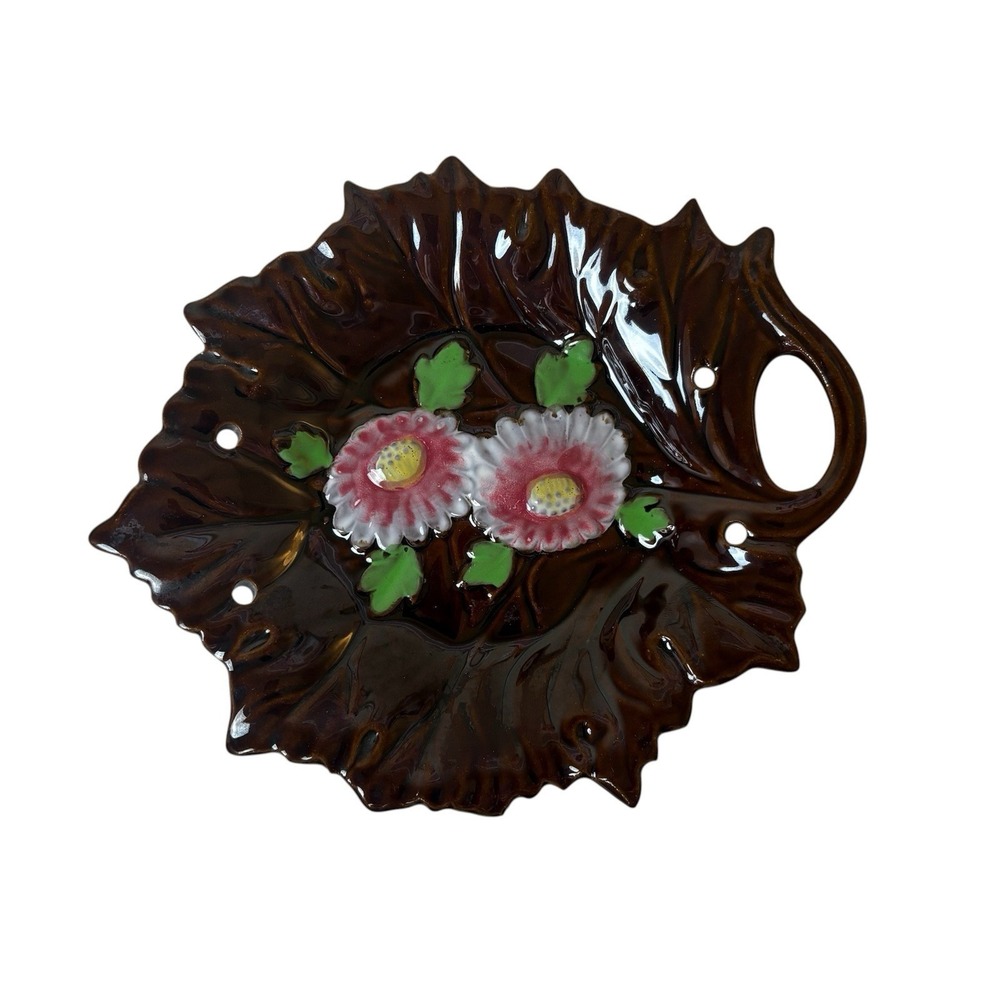 Vtg Leaf Shaped Plate Handled Ceramic Decor Brown Floral Occupied Japan 40s 50s